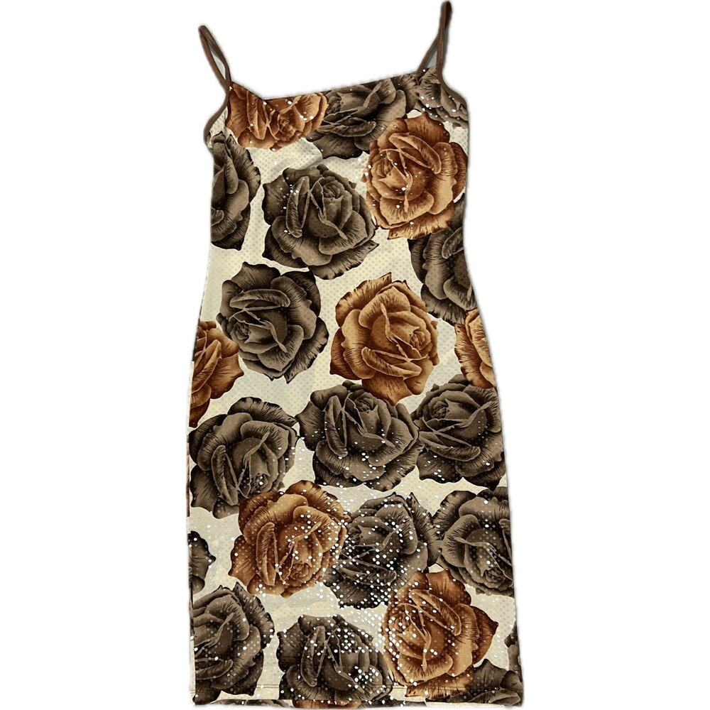 Vintage Chesley Sequin Brown 3D Rose Pattern Y2K Strappy Slip Dress Sz S